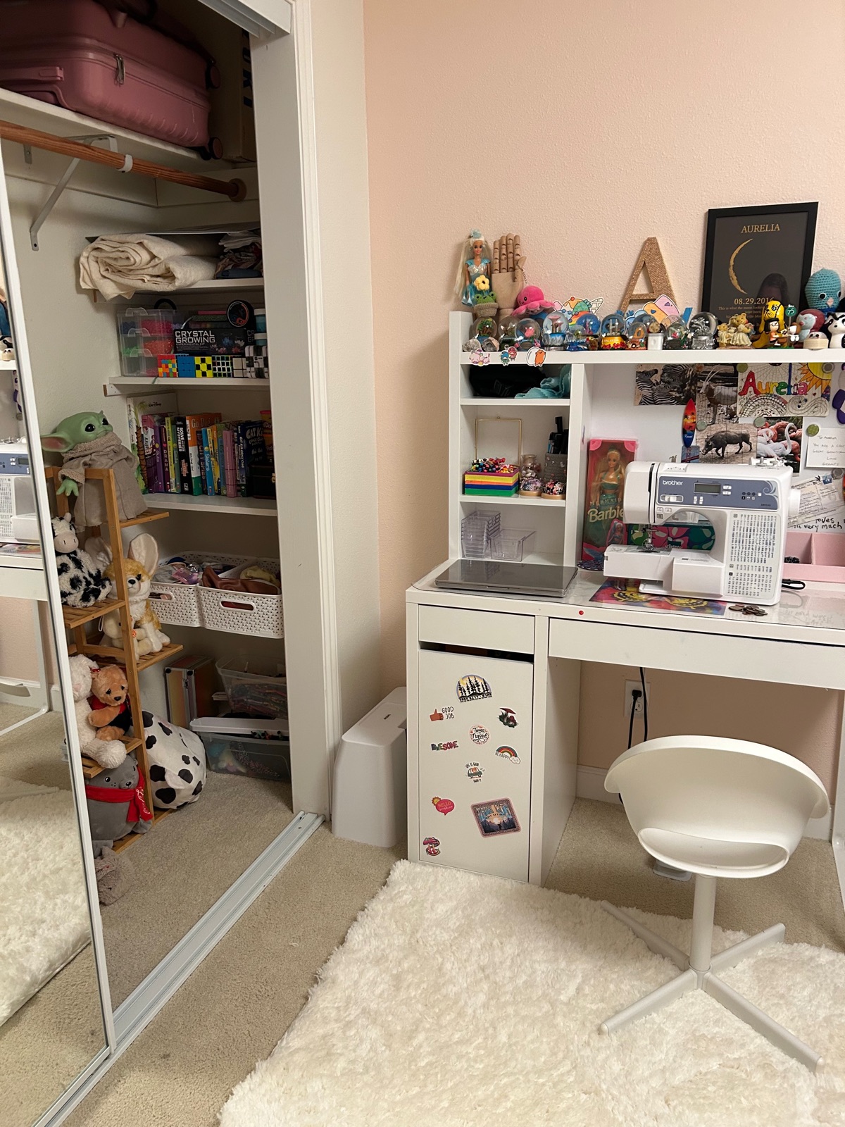 Desk and shelving after organizing — tidy, everything sorted and displayed