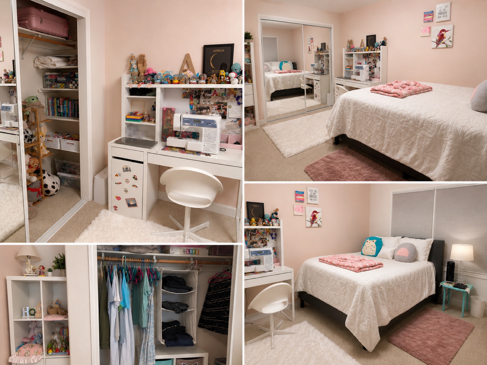 Bedroom after organizing — collage of the room, closet, and desk fully organized
