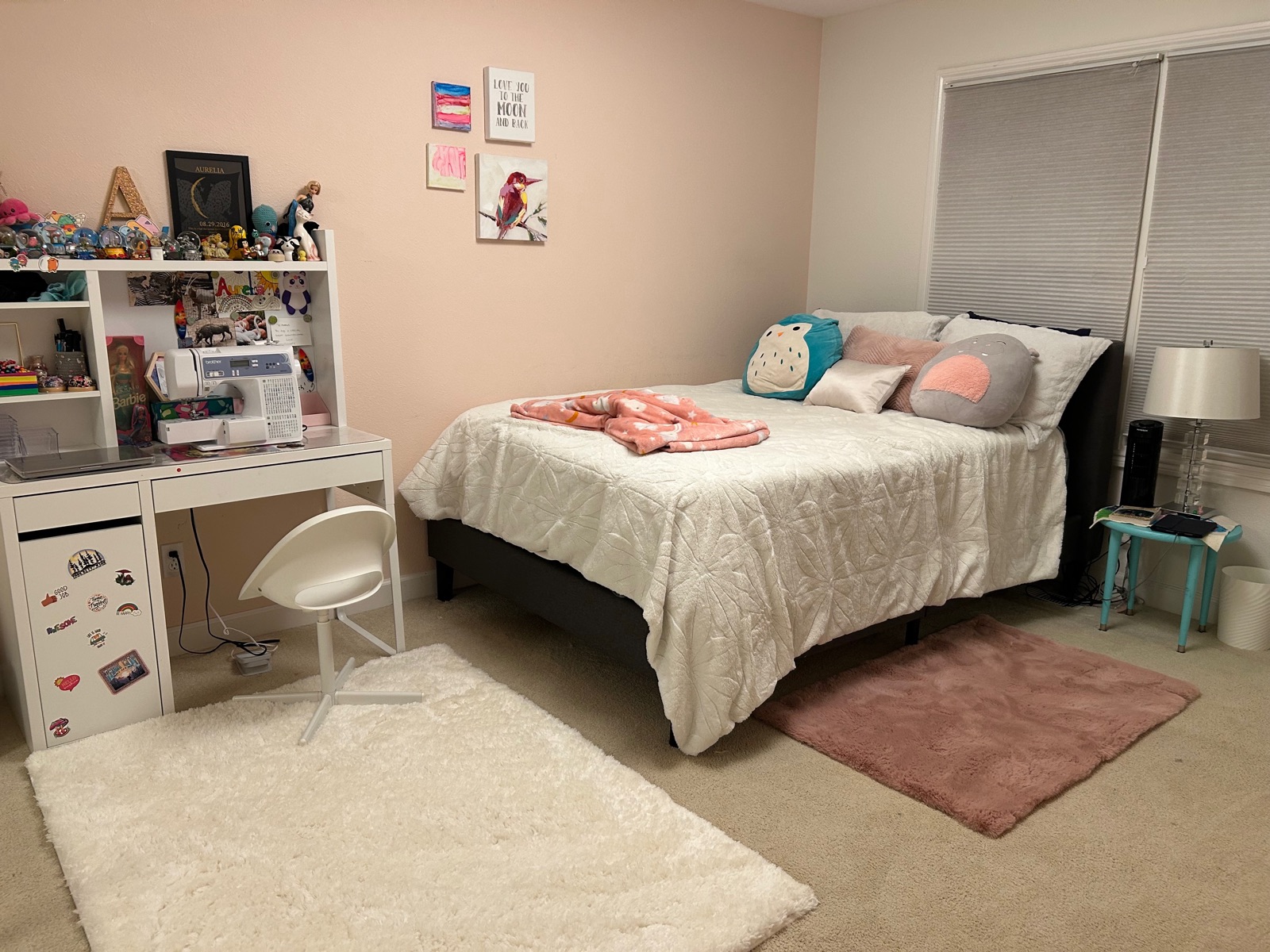 Bedroom after organizing — bed made, floor clear, everything in its place
