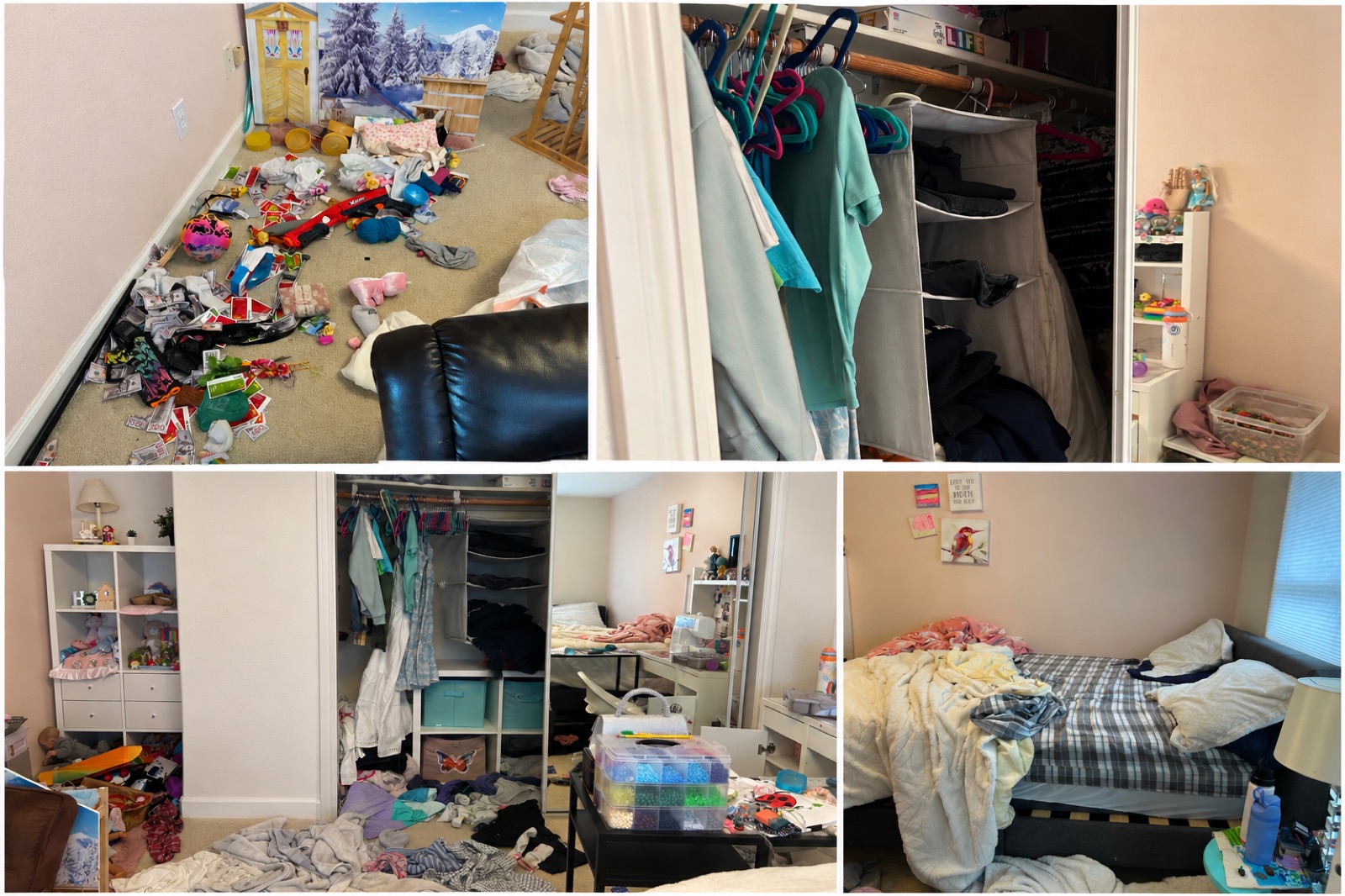 Bedroom before organizing — collage of the room, closet, and floor covered in clutter